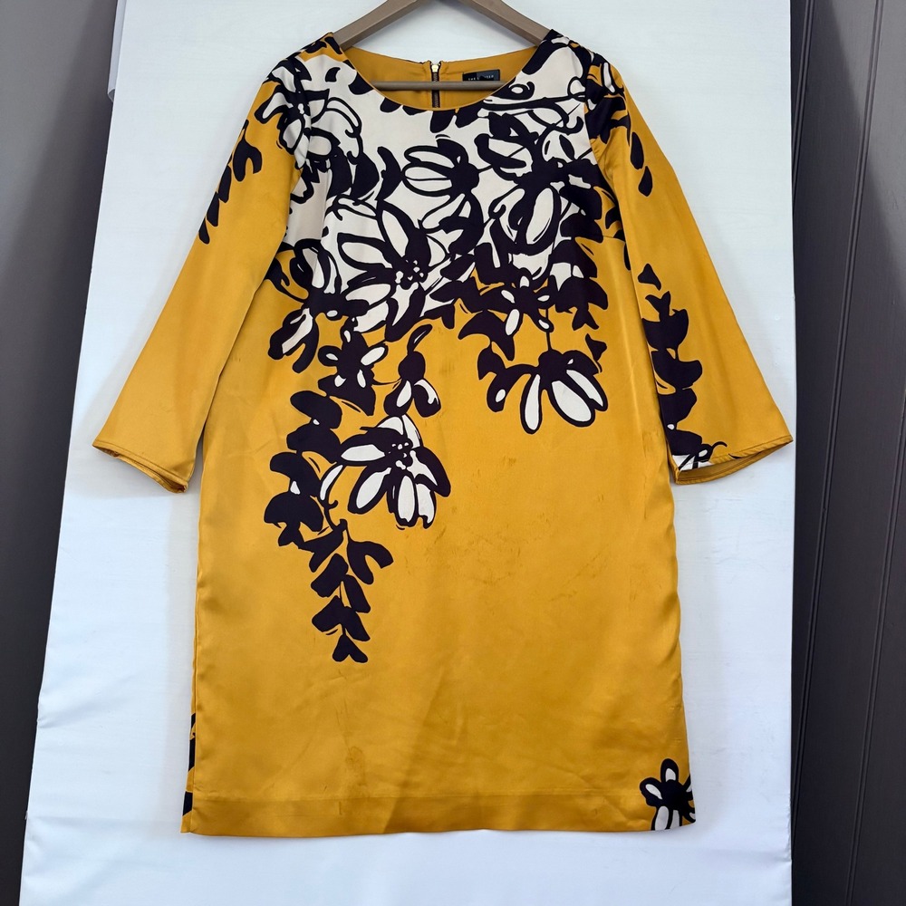 The Limited Mustard Yellow Floral Graphic Print Shift Dress‎ 3/4 Sleeve Size L